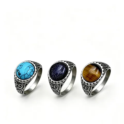 Vintage Herren Edelstahl Ring Mit Tigerauge Türkis Blauer Sandstein Geometrisch Graviertes Band Personalisierter Retro Schmuck