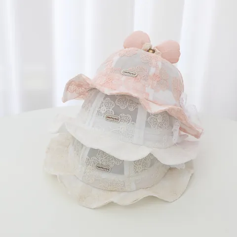 Baby Girl Lace Fisherman Hat Princess Style Bowknot Sun Protection Sunshade Bucket Hat Lightweight Breathable Floral Embroidery Cap