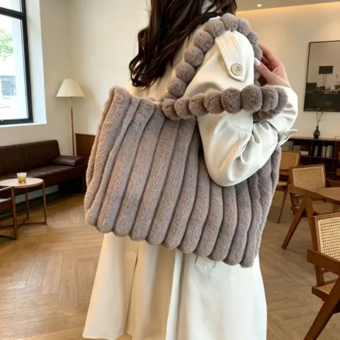 Borsa Tote Grande in Peluche da Donna Borsa a Spalla in Pelliccia Sintetica a Coste Morbide Con Manico a Pompon Chic Inverno Autunno