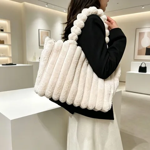Borsa Tote Grande in Peluche da Donna Borsa a Spalla in Pelliccia Sintetica a Coste Morbide Con Manico a Pompon Chic Inverno Autunno