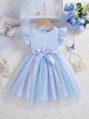 Girls Princess Dress Flutter Sleeve Ribbed Mesh Sequined Tutu Birthday Party Star Moon Decoration Summer Toddler Gown