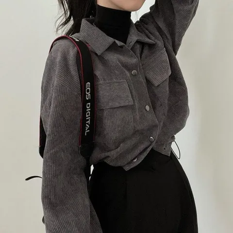 Giacca Camicia a Maniche Lunghe in Velluto a Coste Retro Chic Coreano Donna Orlo con Coulisse Risvolto Corto Tinta Unita Top