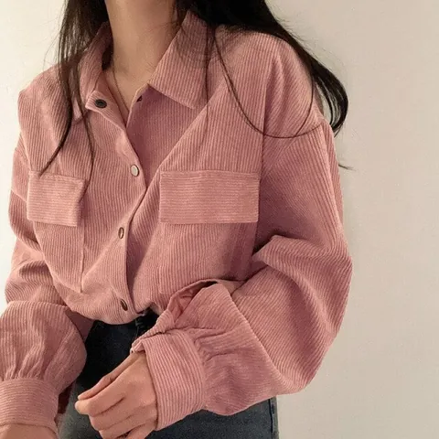 Giacca Camicia a Maniche Lunghe in Velluto a Coste Retro Chic Coreano Donna Orlo con Coulisse Risvolto Corto Tinta Unita Top