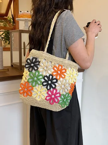 Damen Gewebte Baumwolle Blumen Tote Bag Durchbrochen Kontrastfarbe Große Kapazität Schultertasche Sommer Strand Urlaub Shopping Tasche