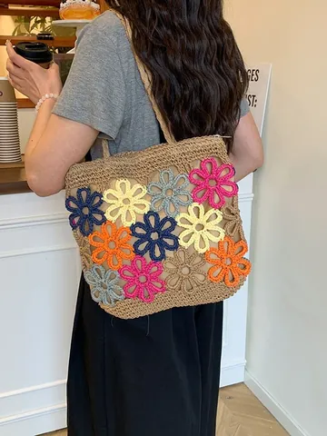 Damen Gewebte Baumwolle Blumen Tote Bag Durchbrochen Kontrastfarbe Große Kapazität Schultertasche Sommer Strand Urlaub Shopping Tasche