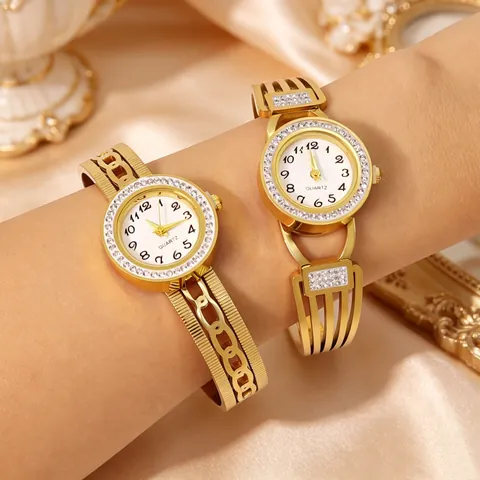 Fashion Stainless Steel Titanium Bangle Watch For Women Luxury Rhinestone Inlaid Quartz Bracelet Watch Gold Plated Jewelry