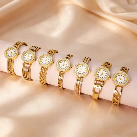 Fashion Stainless Steel Titanium Bangle Watch For Women Luxury Rhinestone Inlaid Quartz Bracelet Watch Gold Plated Jewelry