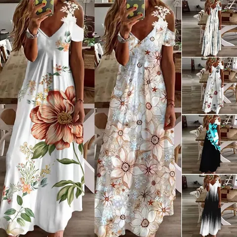Damen Sexy V Ausschnitt Spitze Cold-Shoulder Kleid Blumendruck Spaghettiträger Maxi Kleid Sommer Locker Urlaub Polyester Langes Kleid