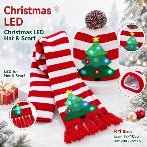 Juego de Bufanda y Gorro de Punto de Mezcla de Lana de Navidad Con Luz Led Invierno Estampado Cálido Cómodo Gorro Luminoso Bufandas Térmicas Con Borla Suave Para Fiesta Festival Unisex