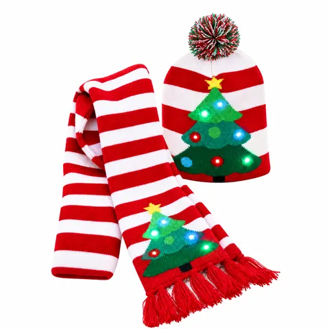 Ensemble Bonnet et Écharpe en Tricot de Mélange de Laine de Noël à Lumière Led Hiver Imprimé Chaud Confortable Bonnet Lumineux Écharpes Thermiques À Gland Doux Pour Fête Festival Unisexe