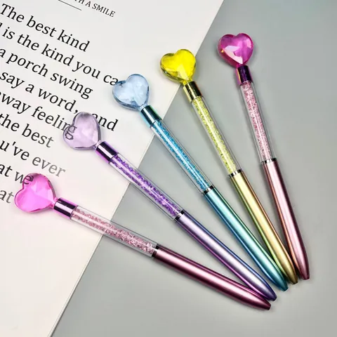 Creative Heart Top Crystal Filled Ballpoint Pen Rotary Plastic Metal Look Stationery For Office School Students Women Kids Gift