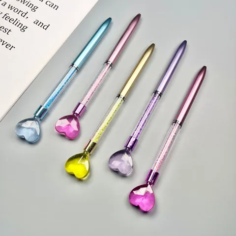 Creative Heart Top Crystal Filled Ballpoint Pen Rotary Plastic Metal Look Stationery For Office School Students Women Kids Gift