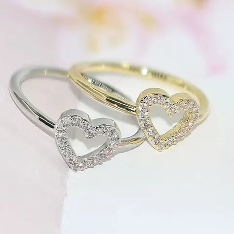 Vintage Copper Zirconia Heart Open Ring For Women Fashion Hollow Heart Minimalist Gold Silver Plated Jewelry Wedding Gift