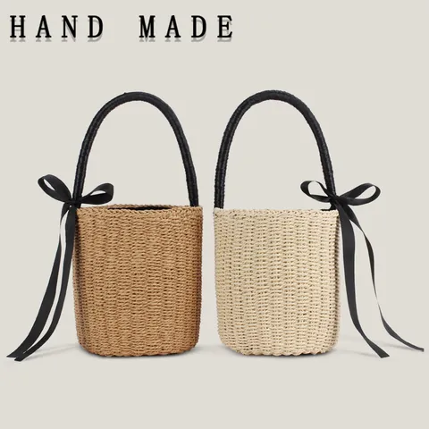 Women Cylindrical Hand Woven Paper Straw Handbag With Bow Ribbon Decoration Summer Beach Vacation Top Handle Bag