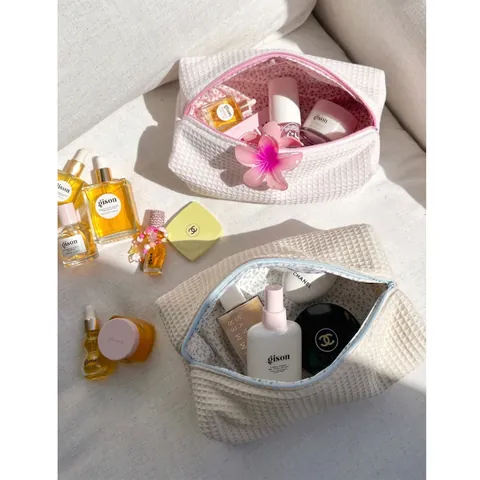 Waffle Texture Makeup Bag Large Capacity Travel Toiletry Bag For Women With Floral Lining Plush Zippered Cosmetic Storage Pouch