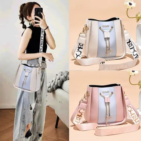 Damen Mode PU Leder Eimertasche Kontrastfarbe Patchwork Schultertasche Mit Breit Bedruckter Riemen Metallkette Anhänger