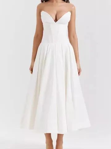 Women Sexy Off Shoulder Backless Corset Maxi Dress Slim Fit Pleated A-Line Banquet Party Long Dress Cotton Blend Top