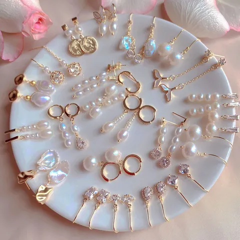 Elegante Natur-Süßwasserperle Ohrringe Für Damen Strass Zirkonia Hängeohrringe Mit 925 Sterlingsilber Ohrstecker-Stift