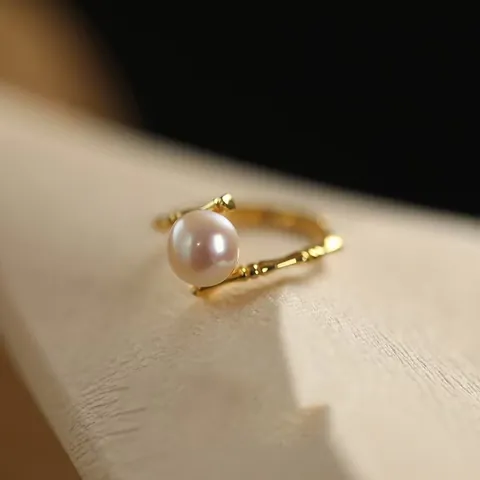 French Style Gold Plated Copper Bamboo Knot Open Ring For Women Elegant Artificial Pearl Adjustable Fashion Jewelry Gift