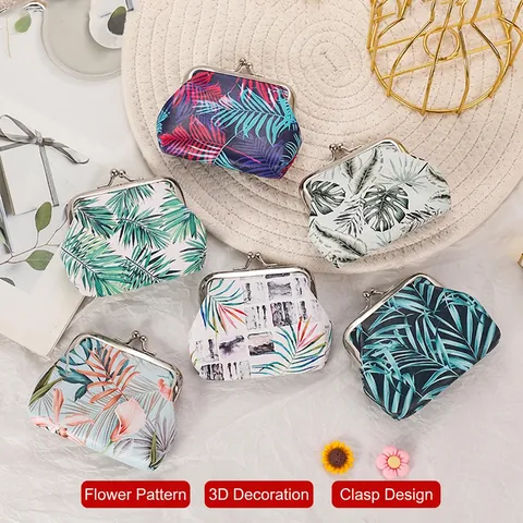 Monedero con Estampado de Hojas de Palma Tropical Retro con Cierre de Beso de Metal Mini Cartera para Mujer