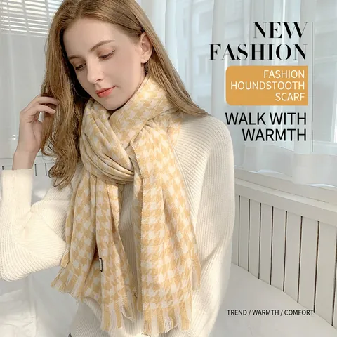 Classic Houndstooth Scarf For Women Winter Thick Warm Polyester Soft Large Plaid Shawl With Tassels Casual Fashion Long Neck Wrap Shawl