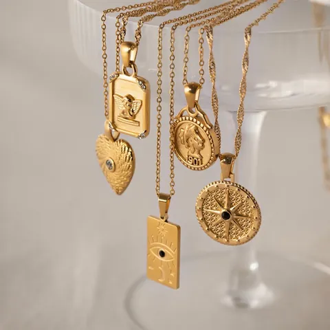 Collar con Colgante de Moneda de Acero Inoxidable Vintage para Mujer Bañado en Oro Ángel Corazón Sol Luna Estrella Diamante de Imitación Joyería Boho