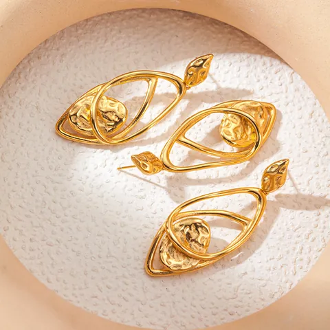 Roestvrij Staal Goud Geometrische Gehamerde Textuur Oorbellen Dubbellaags Hol Druppel Abstracte Sieraden Dames