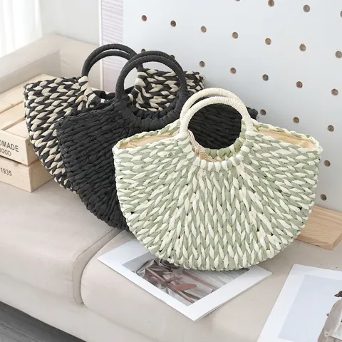 Bolso de Luna de Paja Tejido a Mano para Mujer Semicircular Bolso de Mano de Playa Verano Color Mixto Bolso Tejido Forro de Cordón