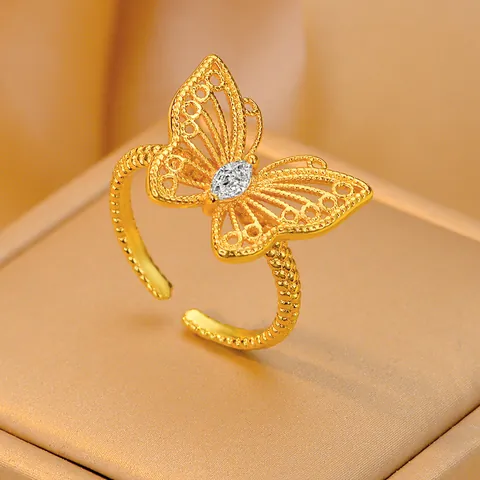 Hollow Butterfly Open Ring For Women Adjustable Gold Copper Rhinestone Inlaid Fashion Personalized Finger Ring Jewelry