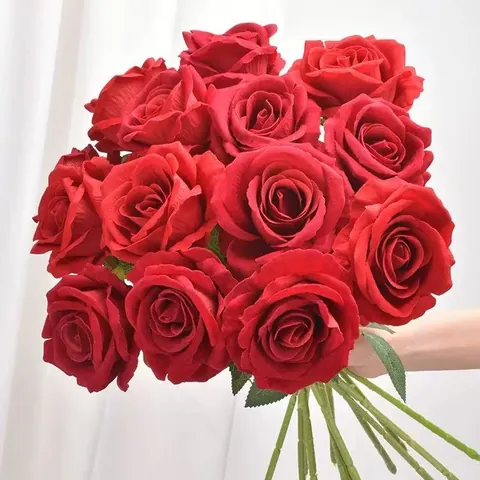 Realistische Künstliche Samt Rose Einzelstiel Beflockte Seidenartige Stoff Kunstblumen Für Zuhause Hochzeit Dekoration Valentinsgeschenk