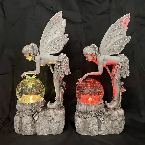 Solar Power Flower Fairy Resin Ornament Glowing Crystal Ball Outdoor Garden Decorative Landscape Light Statue Home Craft Gift