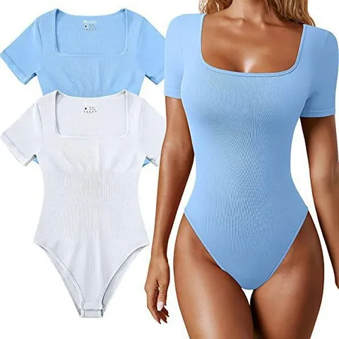 Bodysuit Acanalado de Manga Corta para Mujer Cuello Cuadrado Slim Fit Yoga Deportivo Romper Mono de Punto Básico Top Elástico