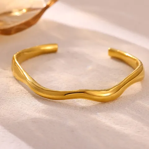 Minimalistisches Edelstahl Wellen Armreif Für Damen 18 Karat Vergoldet Mode Schmuck Verstellbarer Offener Armreif