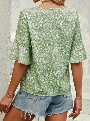 Damen Casual V-Ausschnitt Blumen Bluse Herbst Hellgrün 3/4 Ärmel Volantbesatz Pullover Polyester Fashion Top Alltag