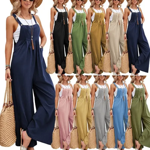 Mono Casual Retro para Mujer Color Sólido Pierna Ancha Con Bolsillos Sin Mangas Verano Vintage Corte Holgado