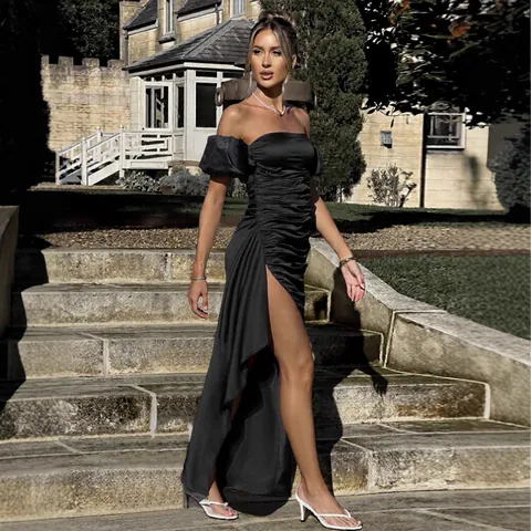 Women Sexy Off Shoulder Satin Ruched Maxi Dress High Slit Elegant Bodycon Evening Party Long Gown Solid Color Banquet Apparel