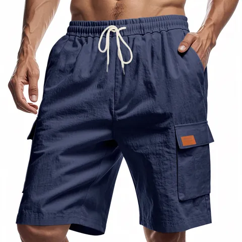 Men Linen Cargo Shorts Breathable Casual Summer Beach Loose Multi Pockets Drawstring Elastic Waist Gym Running Shorts