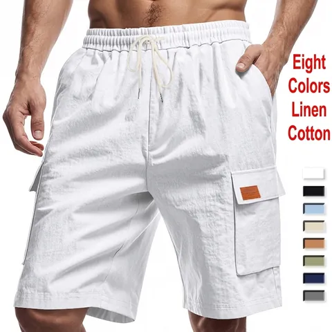 Men Linen Cargo Shorts Breathable Casual Summer Beach Loose Multi Pockets Drawstring Elastic Waist Gym Running Shorts