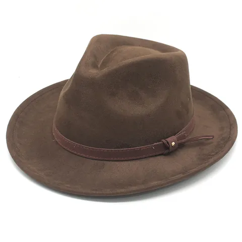 Retro Western Cowboy Fedora Hat For Men Women Suede Polyester Wide Brim Jazz Cap With Rivet Leather Band Autumn Winter Hat
