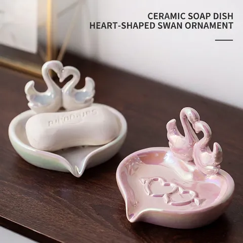 Heart Shaped Swan Ceramic Soap Dish Iridescent Pearl Glaze Drainage Jewelry Tray Luxurious Bathroom Decor Countertop Organizer