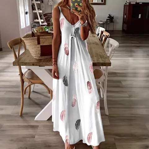 Abito Lungo da Donna Senza Maniche con Scollo a V Stampa Piuma Poliestere Spandex Slim Fit Bohemian Estate Casual