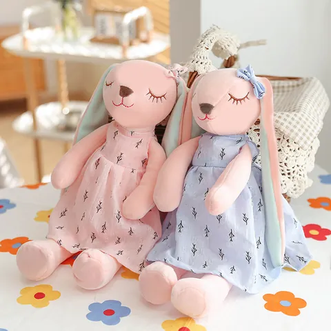 Cute Long Eared Rabbit Plush Toy Soft Polyester Bunny Stuffed Doll With Floral Dress Comforting Toy For Kids Girls Gift
