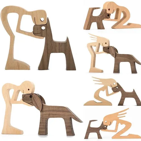 Noords Minimalistisch Houten Hond en Mens Interactie Ornamenten Beukenhout Zwarte Walnoot Gesneden Ambacht Thuis Bureau Decor