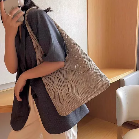 Sac Fourre-Tout de Plage en Tricot pour Femmes en Polyester Crocheté à la Main Grande Capacité pour Vacances d'Été Voyage
