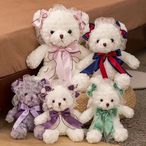 Sweet Lolita Teddy Bear Plush Toy With Lace Headband And Satin Bow Ribbon Small Soft Stuffed Animal Doll For Girls Room Decor