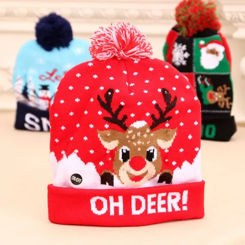 Festive LED Light Up Christmas Knitted Beanie Hat Colorful Flashing Santa Reindeer Snowman Pattern Winter Warm Hat For Party