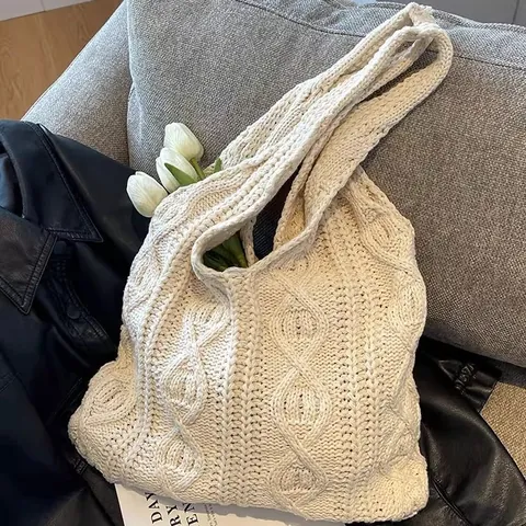 Sac Fourre-Tout de Plage en Tricot pour Femmes en Polyester Crocheté à la Main Grande Capacité pour Vacances d'Été Voyage