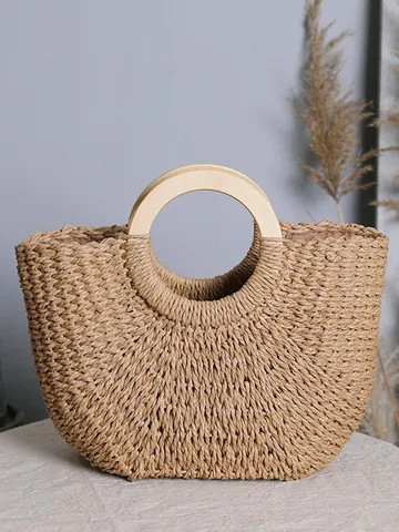 Vintage Straw Woven Handbag With Round Wood Handle Large Capacity Beach Bag For Women Vacation Summer Summer Tote Bag