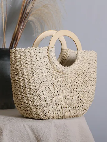 Vintage Straw Woven Handbag With Round Wood Handle Large Capacity Beach Bag For Women Vacation Summer Summer Tote Bag