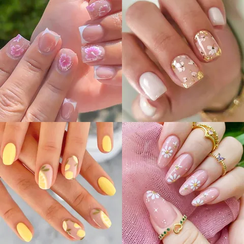 Französischer Stil Floral Press On Nails Quadratisch Kurz Blumenmuster Künstliche Fingernägel Für Damen Täglich Party Nagel Dekoration